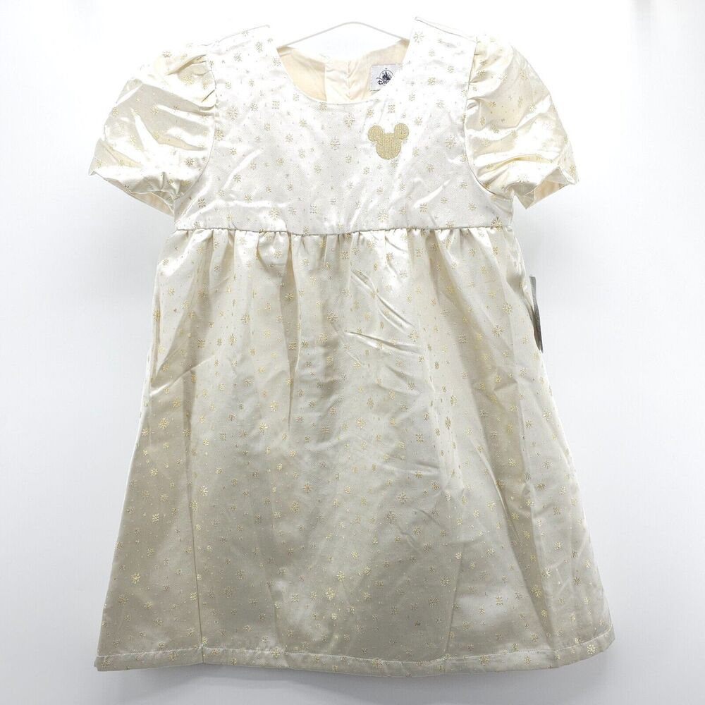 Disney Minnie Mouse Holiday Dress Girls 9-10 Ivory & Gold Glitter Satin Pleated